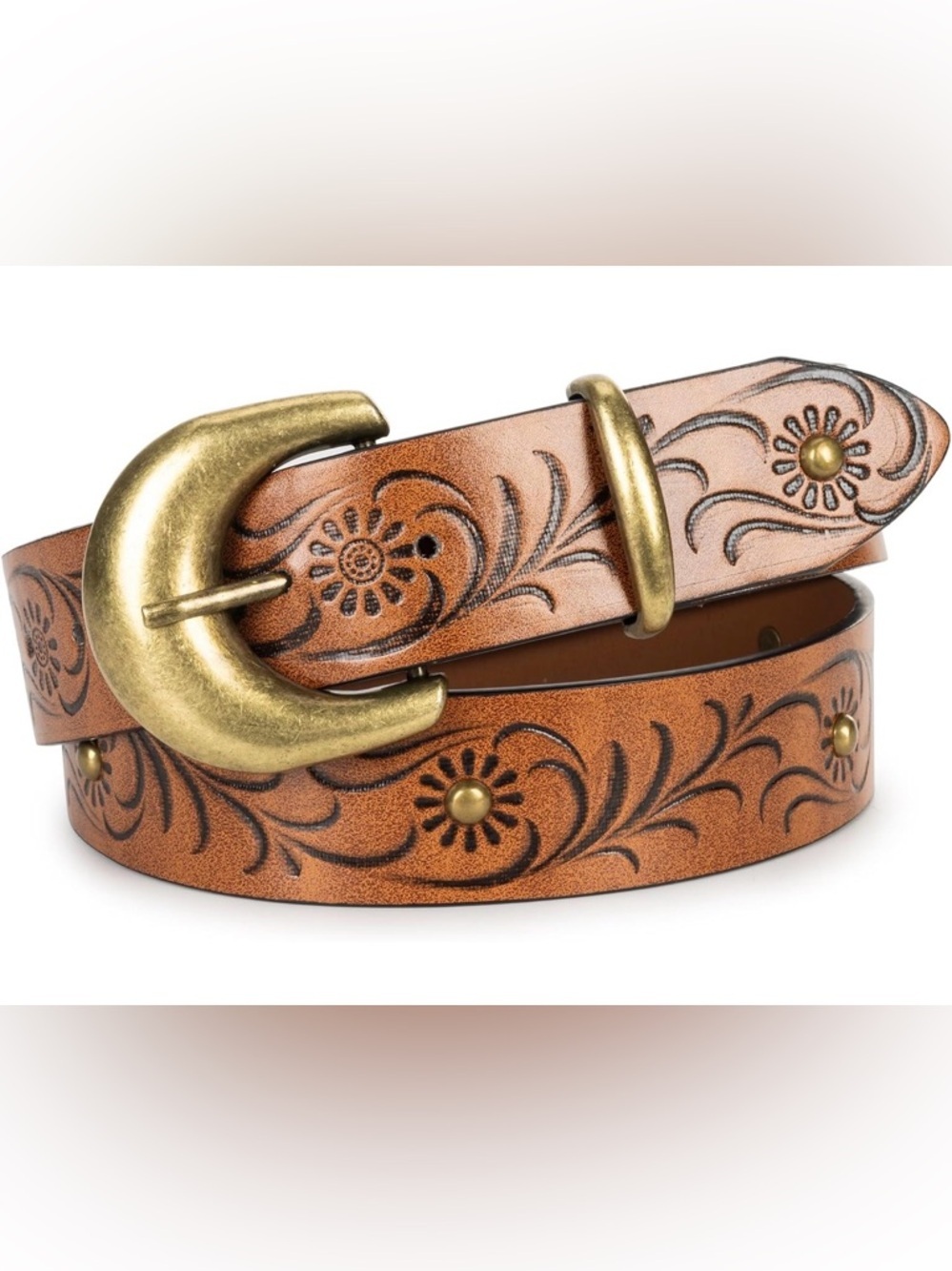 Classic Floral Tooled Tan Leather Belt with Antique Brass Buckle